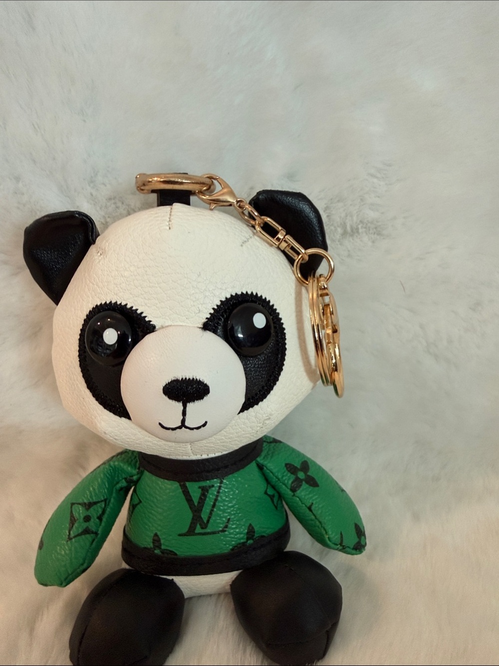 NWOT Panda Keychain Leather in White, Black & Green - Designer Logo Style